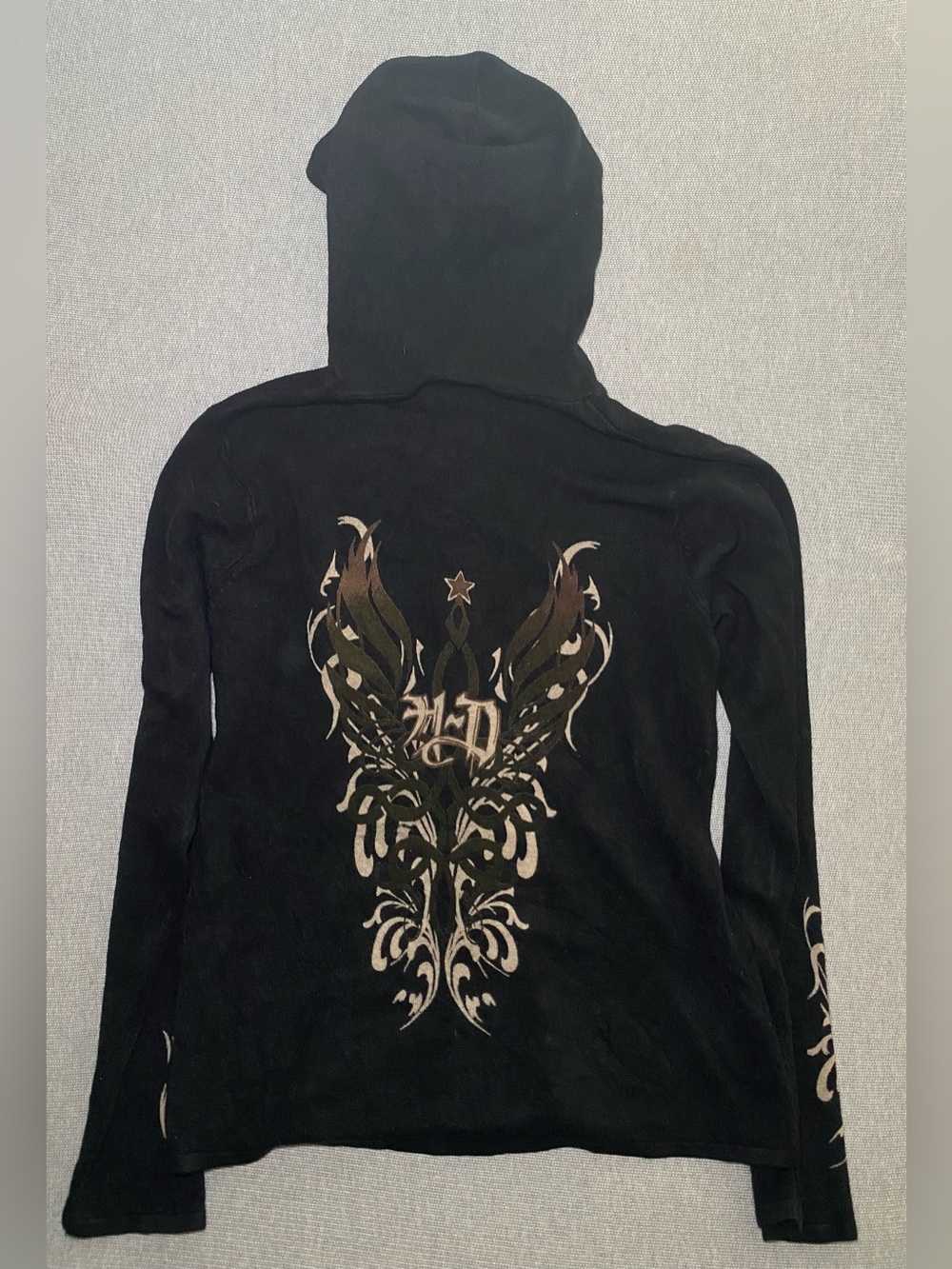 Womens L Y2K Harley Davidson Black Lightweight Hooded Zip Up Tribal Style - Picture 3 of 9